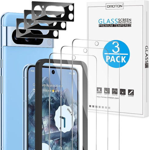 OMOTON 3+3 Pack for Pixel 8 Pro Screen Protector, 3 Pack for Google Pixel 8 Pro Tempered Glass, 3 Pack Camera Lens Protector, Fingerprint Compatib...